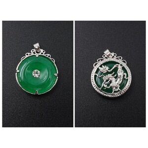 Silver‎ Tone Dragon Pendant Green Reversible Clear Rhinestone Asian